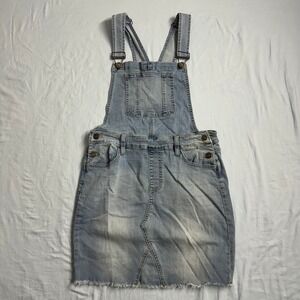 Womens Denim Overall Dress Light Wash Frayed Hem‎ Adjustable Straps Size Medium